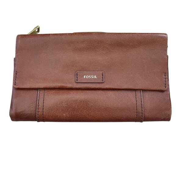 Fossil Brown Leather Ellis Clutch Envelope Wallet Minimalist Casual Travel Basic - Picture 1 of 11